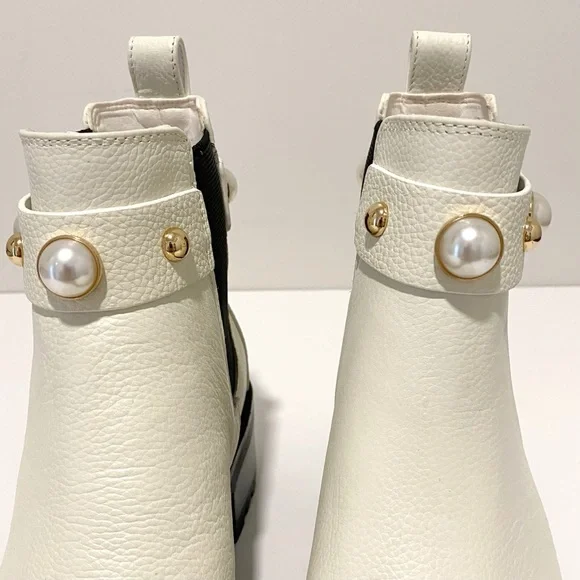 KARL LAGERFELD Pola Leather Off White Pearl Stud Ankle Strap Chelsea Booties NWT - Picture 8 of 16